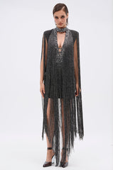 MIXED MESSAGES METALLIC BANDAGE MINI DRESS WITH FRINGE