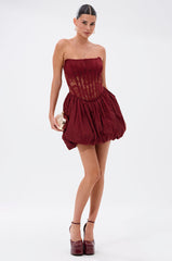 BELINA LACE MINI DRESS WITH BUBBLE SKIRT IN BURGUNDY