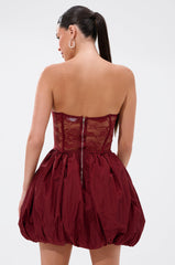 BELINA LACE MINI DRESS WITH BUBBLE SKIRT IN BURGUNDY