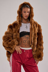 LOOK AT ME NOW HOODED FUR BOMBER IN BROWN