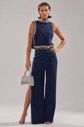POPPIN OUT RHINESTONE DENIM PANT IN DARK WASH DENIM