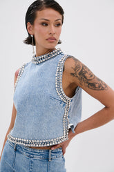 POPPING OUT RHINESTONE DENIM BLOUSE