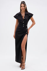 CHELSEA BUTTON SIDE COATED DENIM MAXI DRESS
