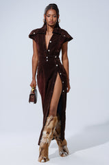 CHELSEA BUTTON DOWN MAXI DRESS IN VELVET DENIM