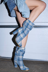 AZALEA WANG MATHAIS BLUE MULTI PLAID ROUND TOE BOOTIE