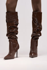 AZALEA WANG MITICA DARK BROWN PATENT RUCHED SEXY BOOT