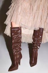 AZALEA WANG MITICA DARK BROWN PATENT RUCHED SEXY BOOT