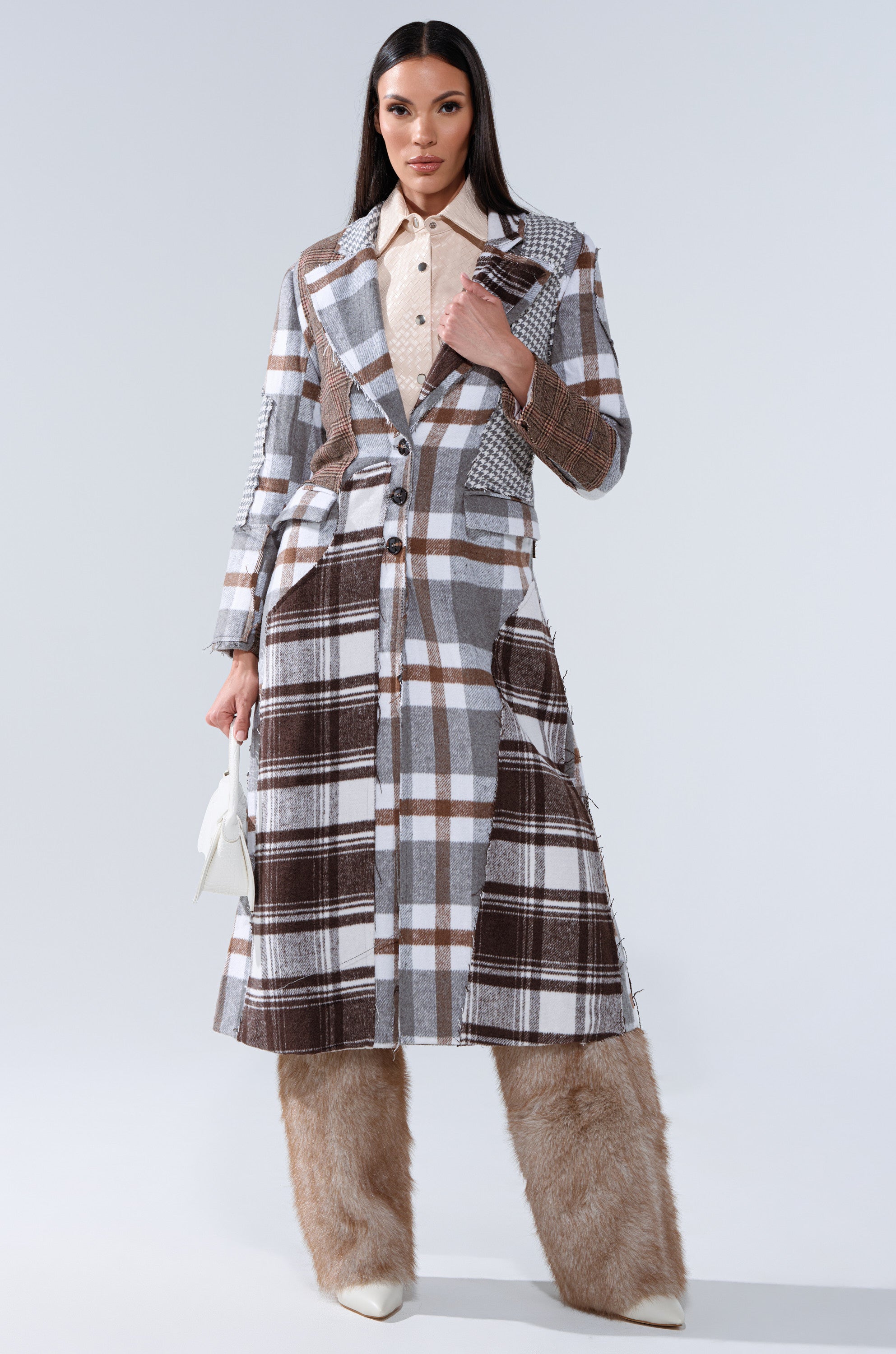 MIXED PLAID NOT FEELINGS PATCHWORK TRENCH