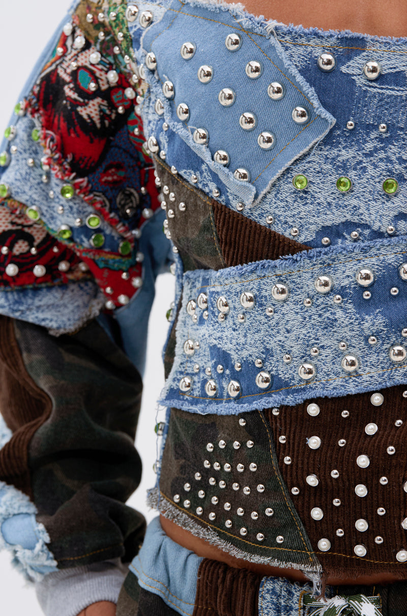 CALL ME CRAZY PATCHWORK OFF THE SHOULDER SWEATSHIRT