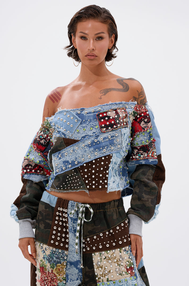 CALL ME CRAZY PATCHWORK OFF THE SHOULDER SWEATSHIRT