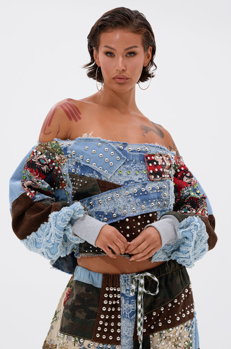 CALL ME CRAZY PATCHWORK OFF THE SHOULDER SWEATSHIRT