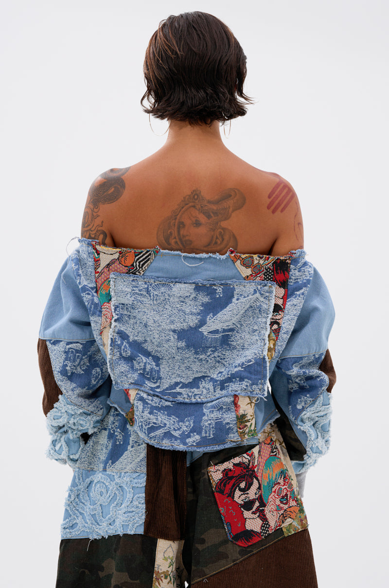CALL ME CRAZY PATCHWORK OFF THE SHOULDER SWEATSHIRT