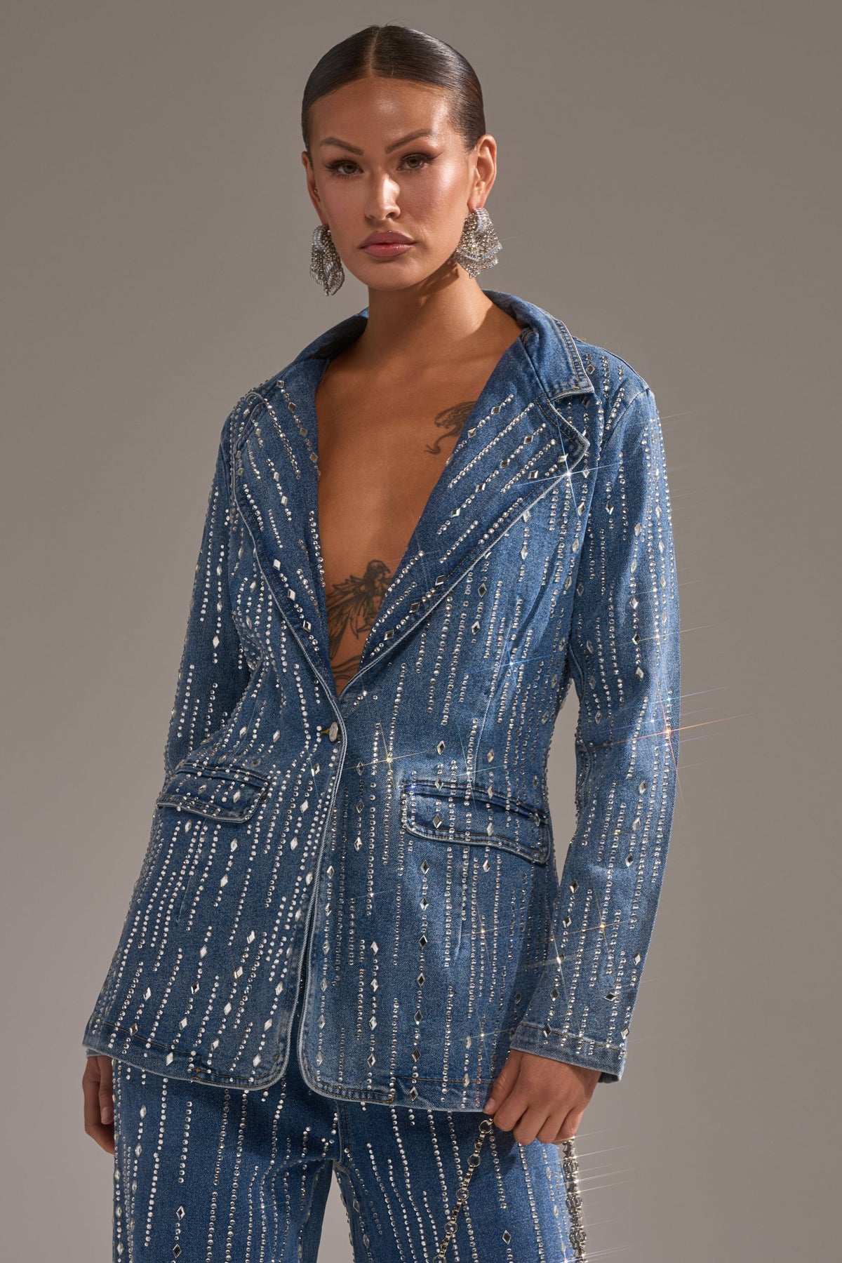 NEVER COME DOWN RHINESTONE DENIM BLAZER
