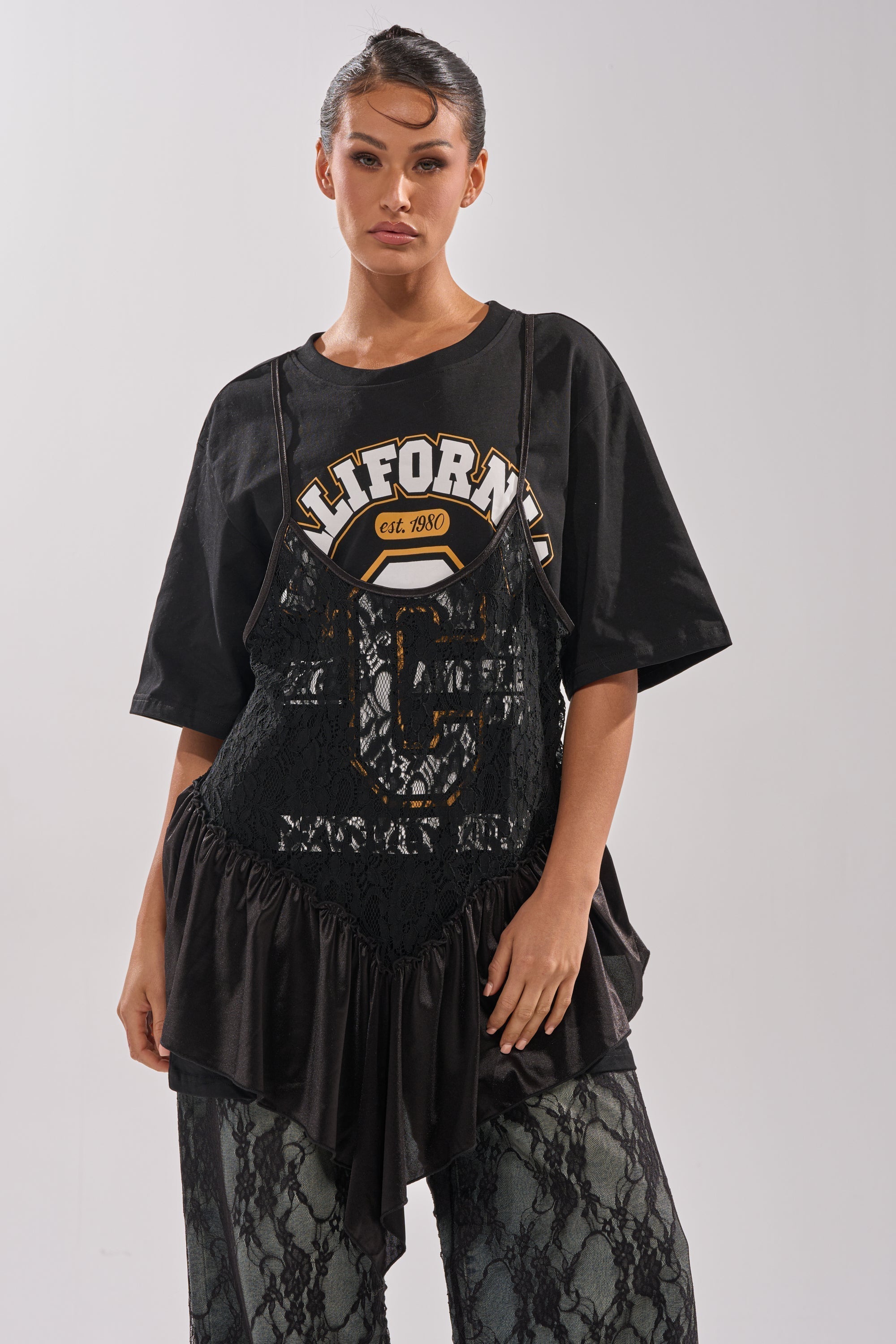 BEVERLY HILLS DIVA LACE OVERLAY TEE
