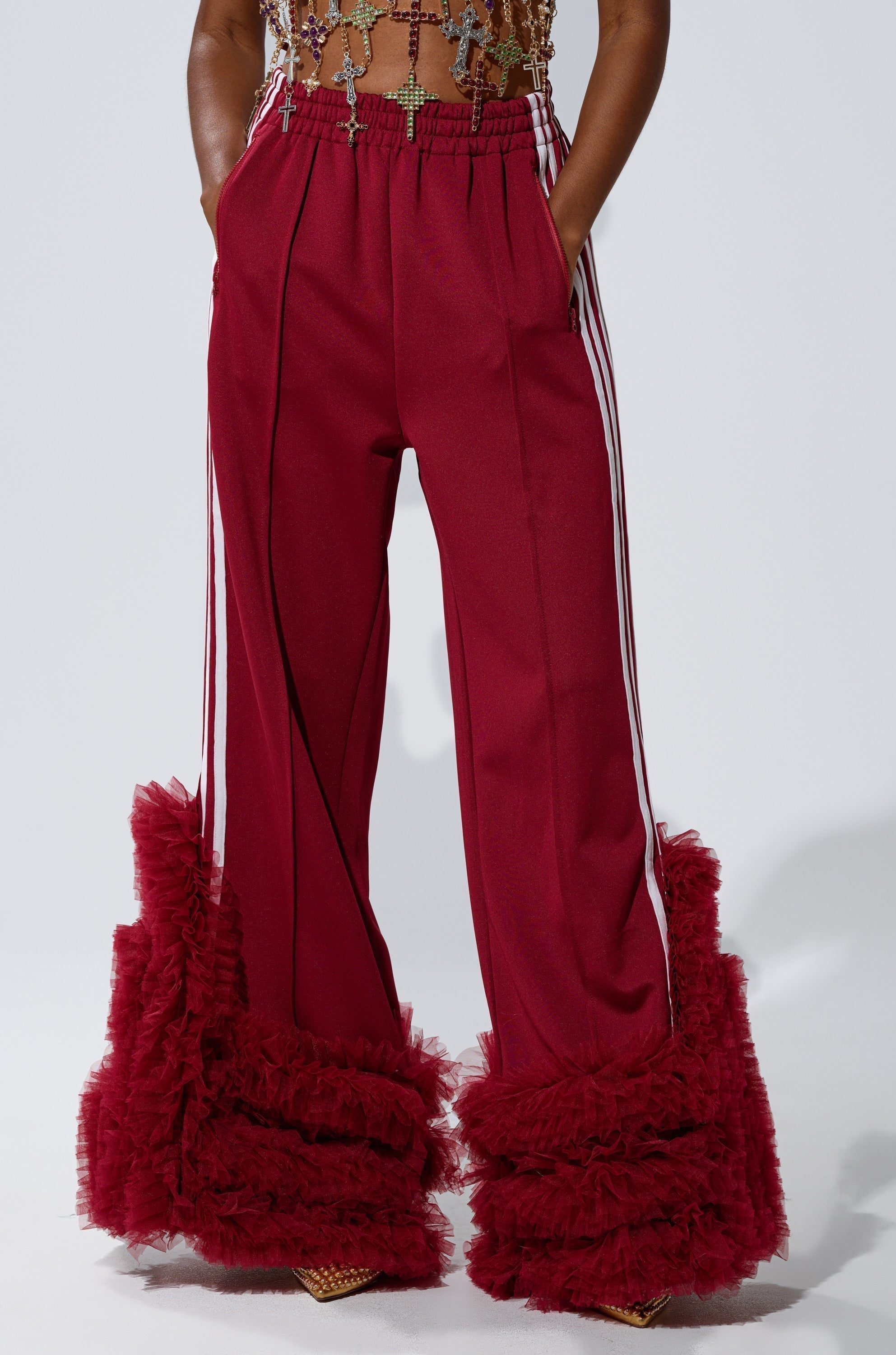 MODERN JAM TRACK PANT WITH TULLE IN BURGUNDY