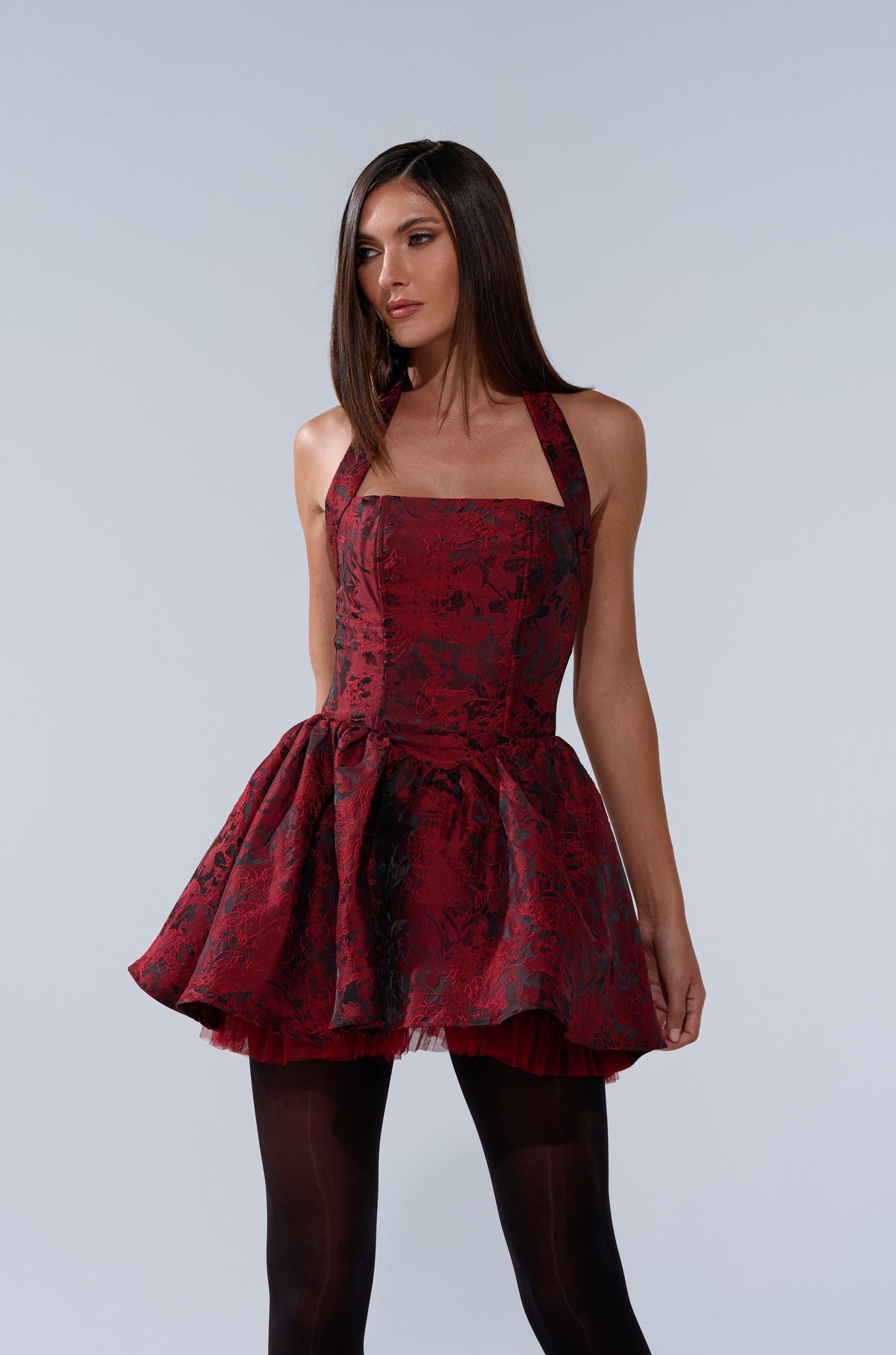BRINA BROCADE MINI DRESS IN BURGUNDY
