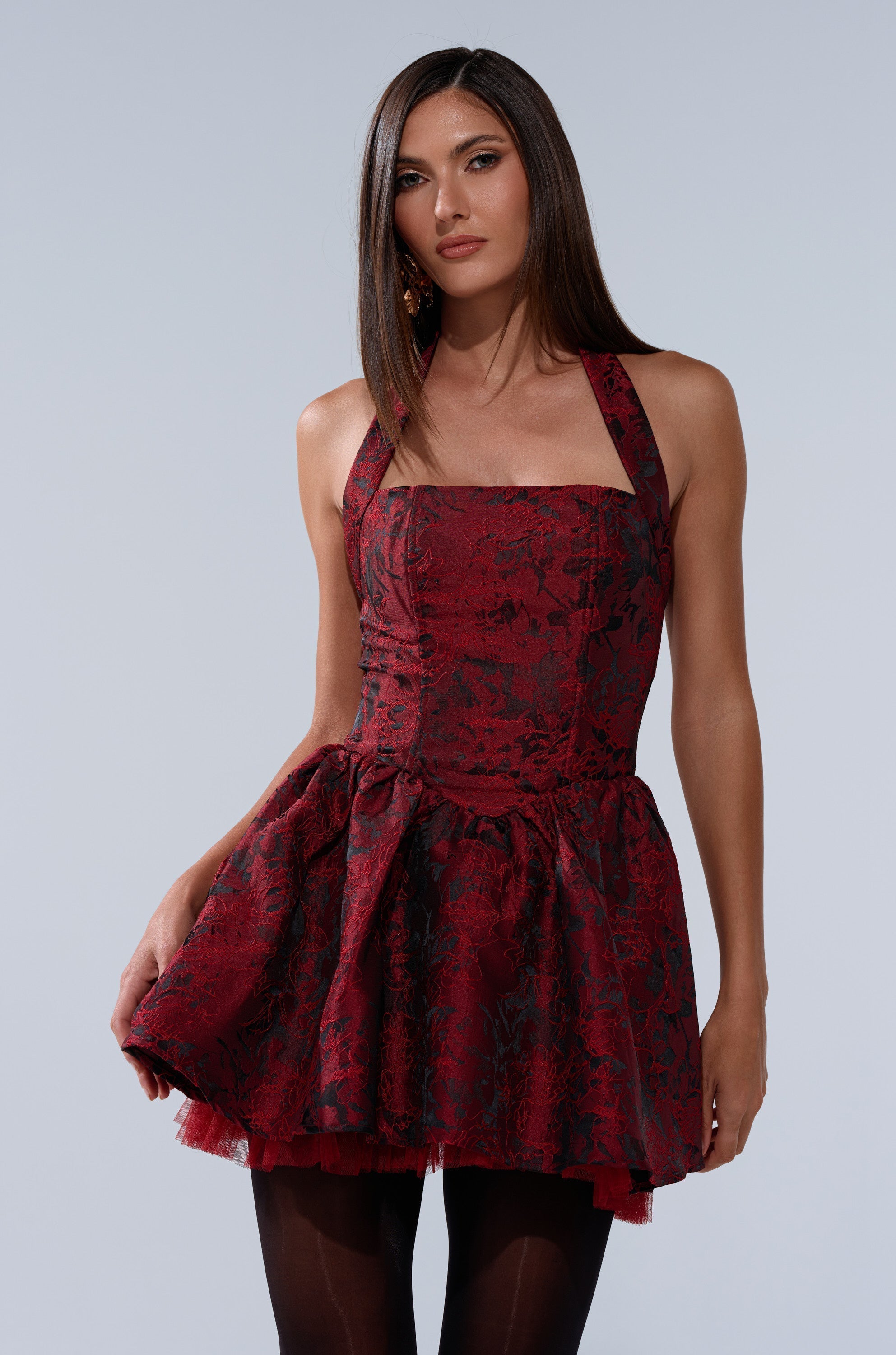 BRINA BROCADE MINI DRESS IN BURGUNDY