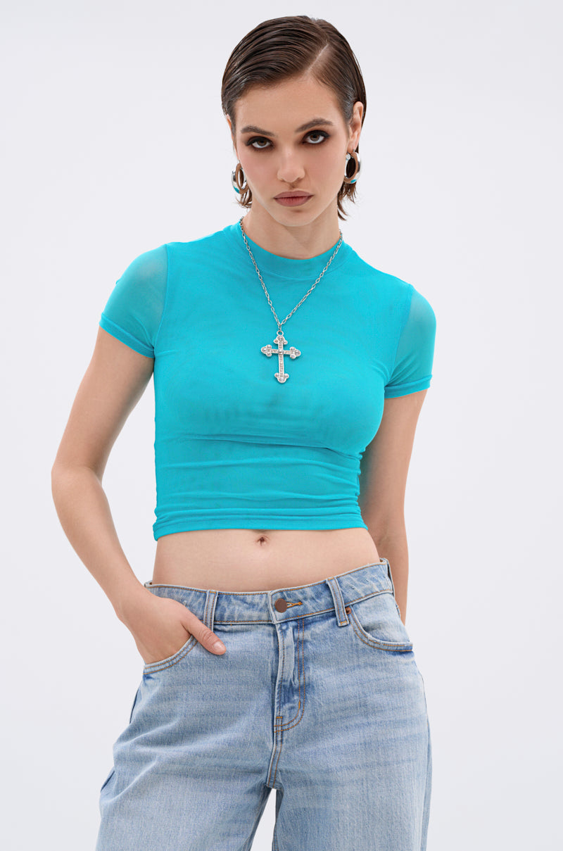 PAXTON DOUBLE LINED MESH SHORT SLEEVE TEE IN TURQUOISE