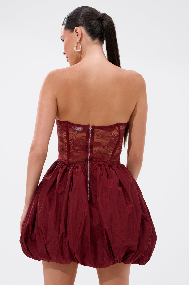 BELINA LACE MINI DRESS WITH BUBBLE SKIRT IN BURGUNDY