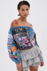 PATCHWORK DENIM OFF THE SHOULDER TOP