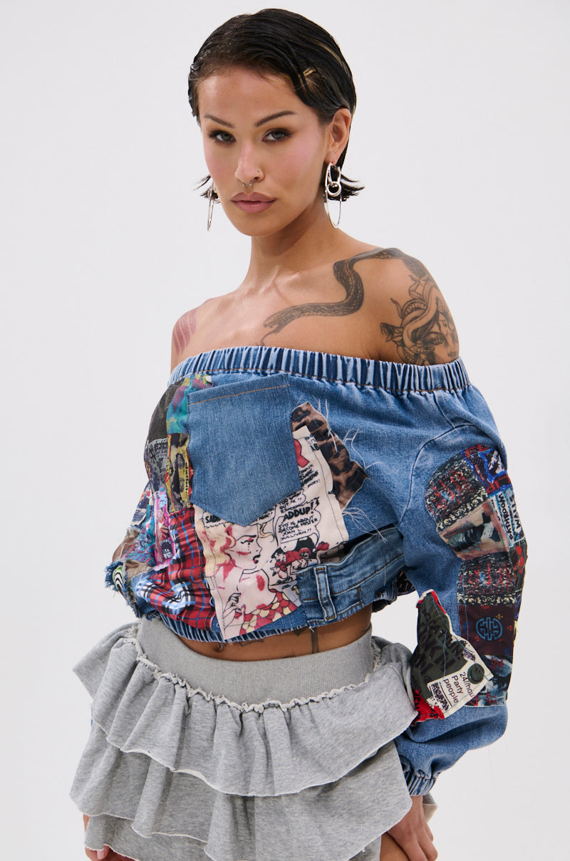 PATCHWORK DENIM OFF THE SHOULDER TOP