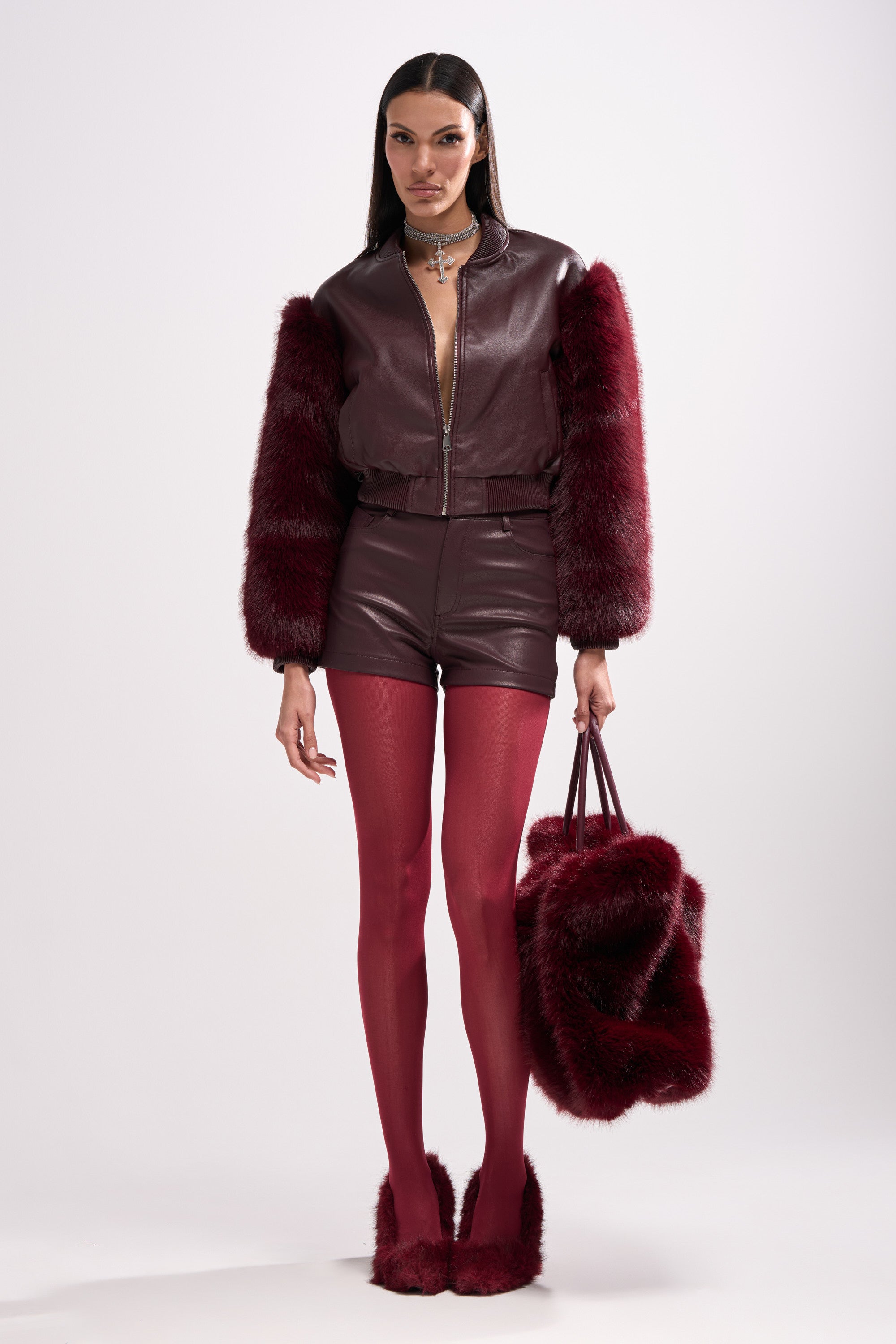 CALLIE FAUX LEATHER SHORT IN BURGUNDY