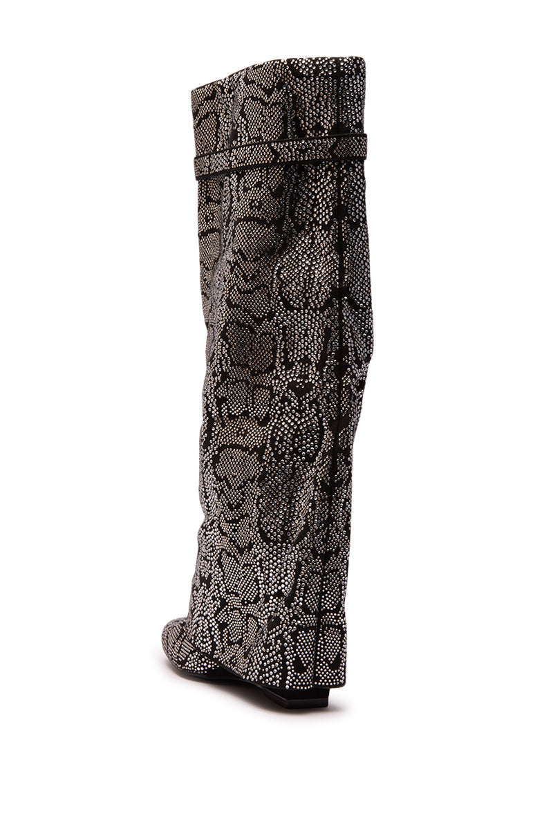 AZALEA WANG CAPRICORN RHINESTONE SNAKE PATTERN WEDGE FOLD OVER BOOT