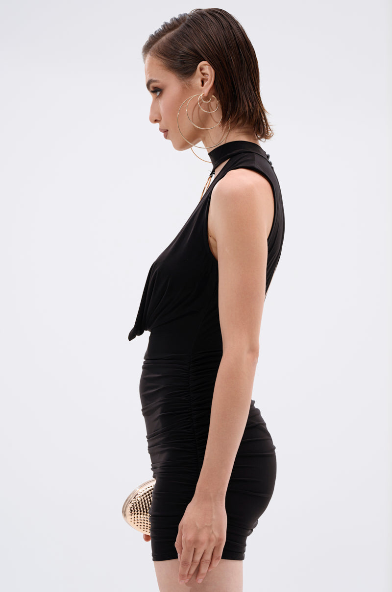 CAN'T REACH ME PLUNGING MINI DRESS WITH HARDWARE