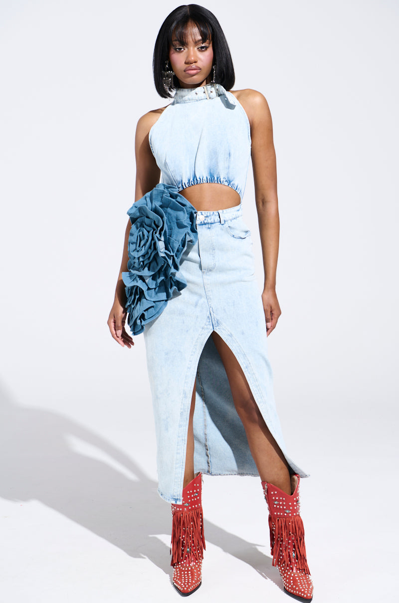 PEEKABOO DENIM MIDI DRESS