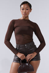 PAXTON RAW HEM LONG SLEEVE MESH TEE IN CHOCOLATE BROWN