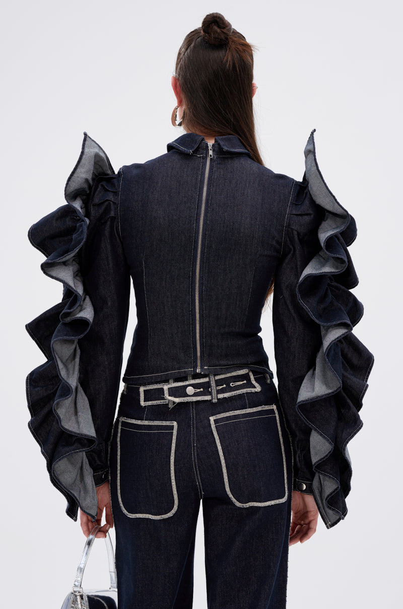 RUFFLED UP LONG SLEEVE DENIM TOP