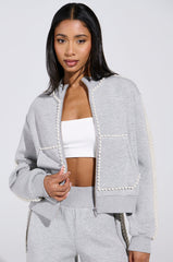 PEARL GIRL ZIP UP SWEATSHIRT IN GREY