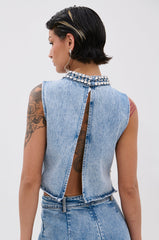 POPPING OUT RHINESTONE DENIM BLOUSE