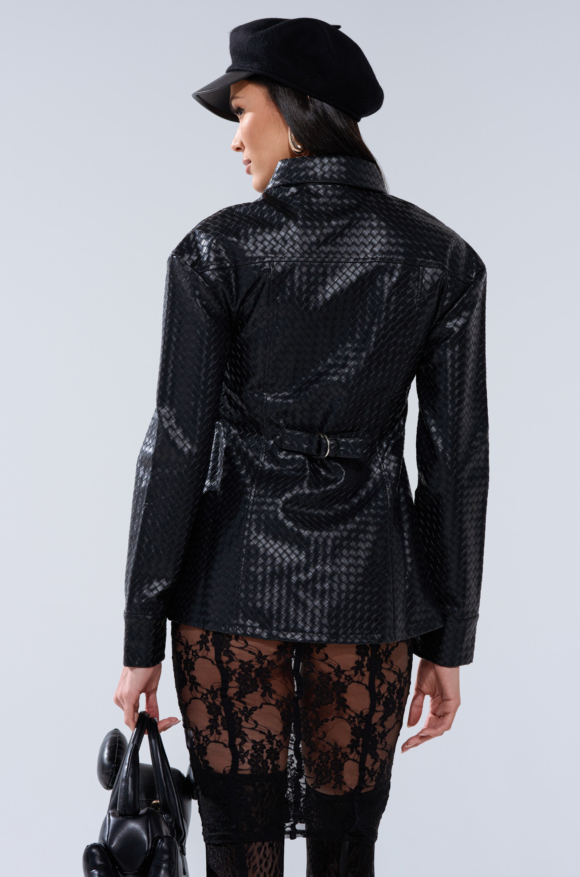 FEELING RICH FAUX LEATHER BUTTON DOWN IN BLACK