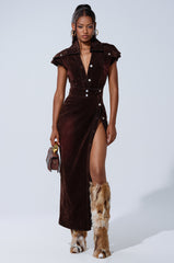 CHELSEA BUTTON DOWN MAXI DRESS IN VELVET DENIM