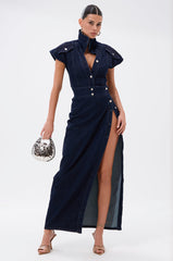 CHELSEA BUTTON SIDE DENIM MAXI DRESS