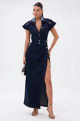 CHELSEA BUTTON SIDE DENIM MAXI DRESS