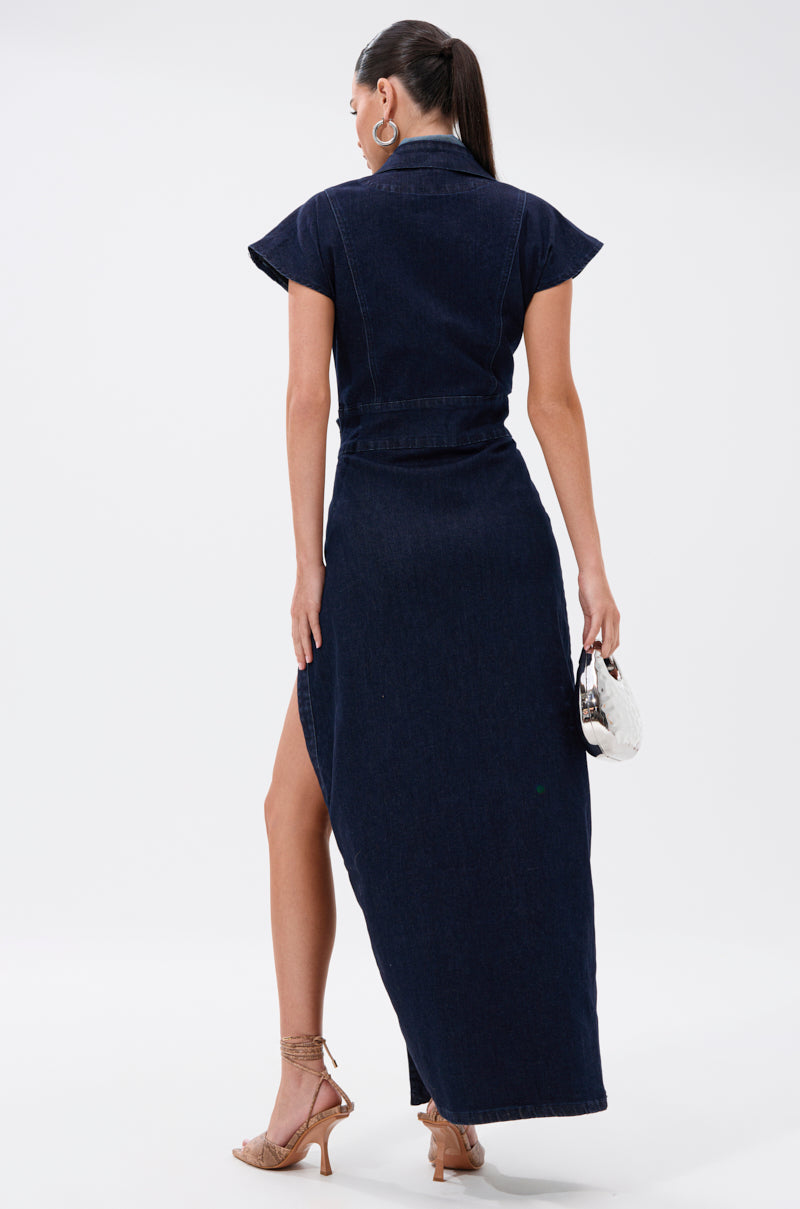 CHELSEA BUTTON SIDE DENIM MAXI DRESS