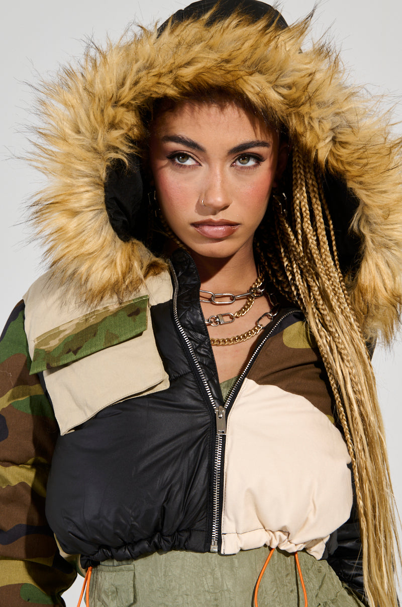 BENDITA CROPPED PATCHWORK PUFFER