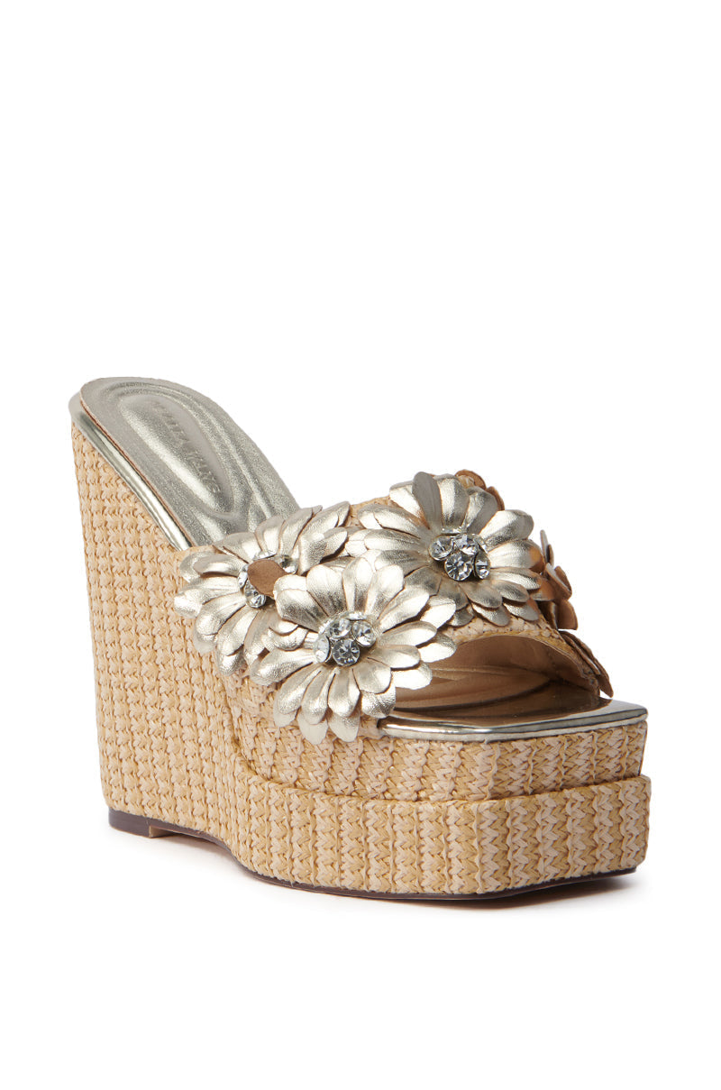 AZALEA WANG MONYA BEIGE FLORAL EMBELLISHED WEDGE SANDAL