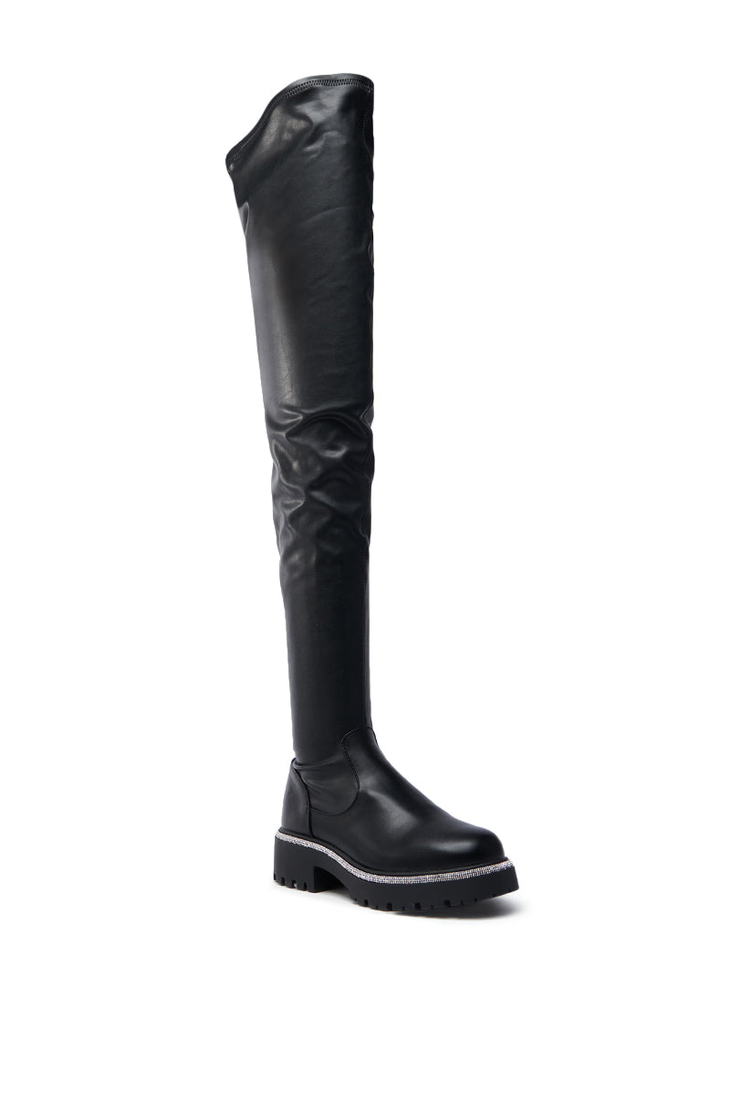 AZALEA WANG NEWRULES RHINESTONE STRETCH PU FLAT BOOT