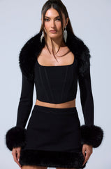BIG MOOD FUR TRIM SHRUG IN BLACK