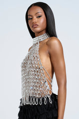 LOREN RHINESTONE HALTER NECK TOP IN SILVER
