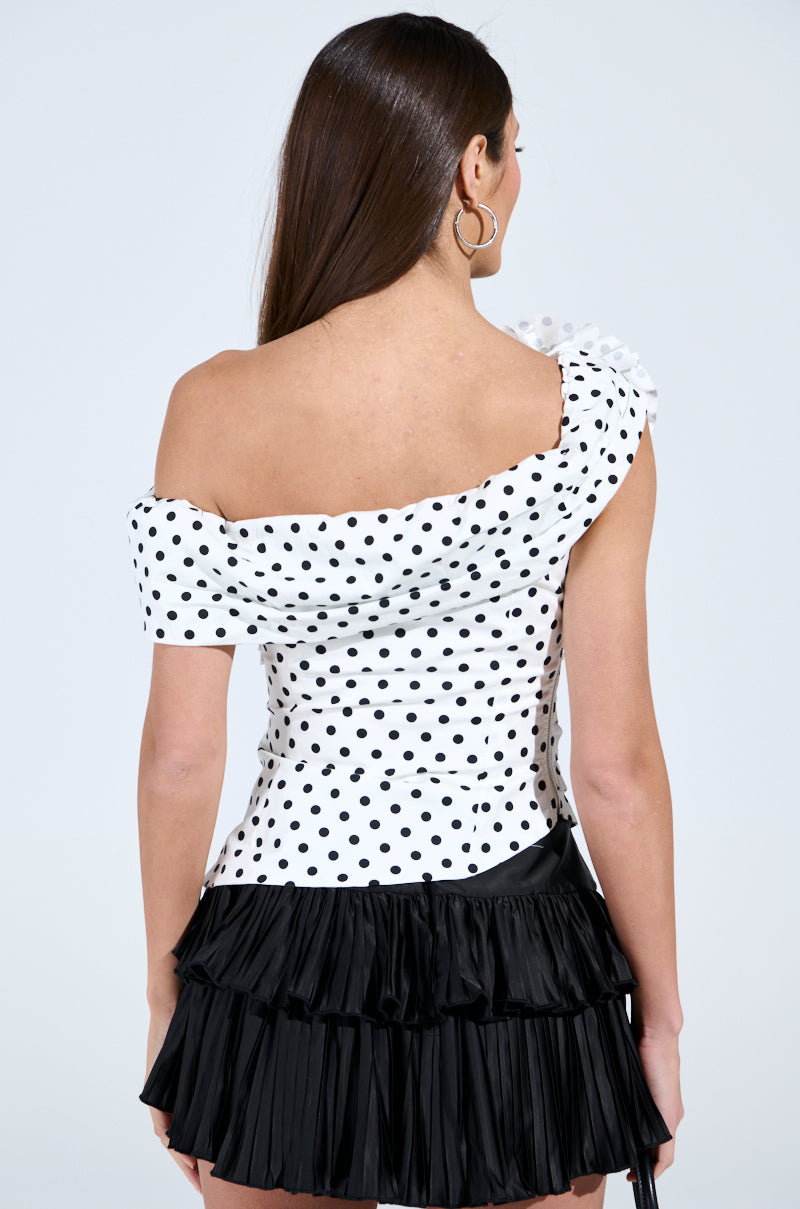 RUCHED POLKA DOT OFF THE SHOULDER TOP