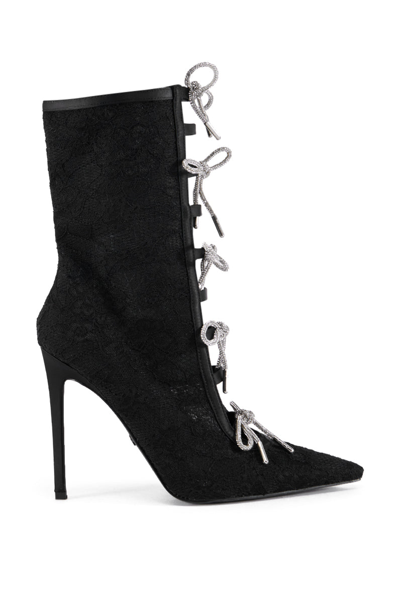 AZALEA WANG NAZANIN BLACK LACE BOOTIE WITH RHINESTONE BOWS