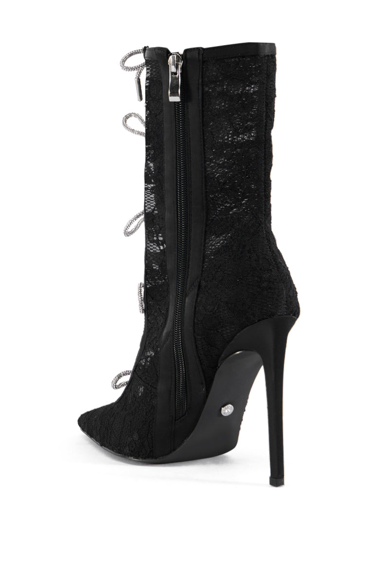 AZALEA WANG NAZANIN BLACK LACE BOOTIE WITH RHINESTONE BOWS