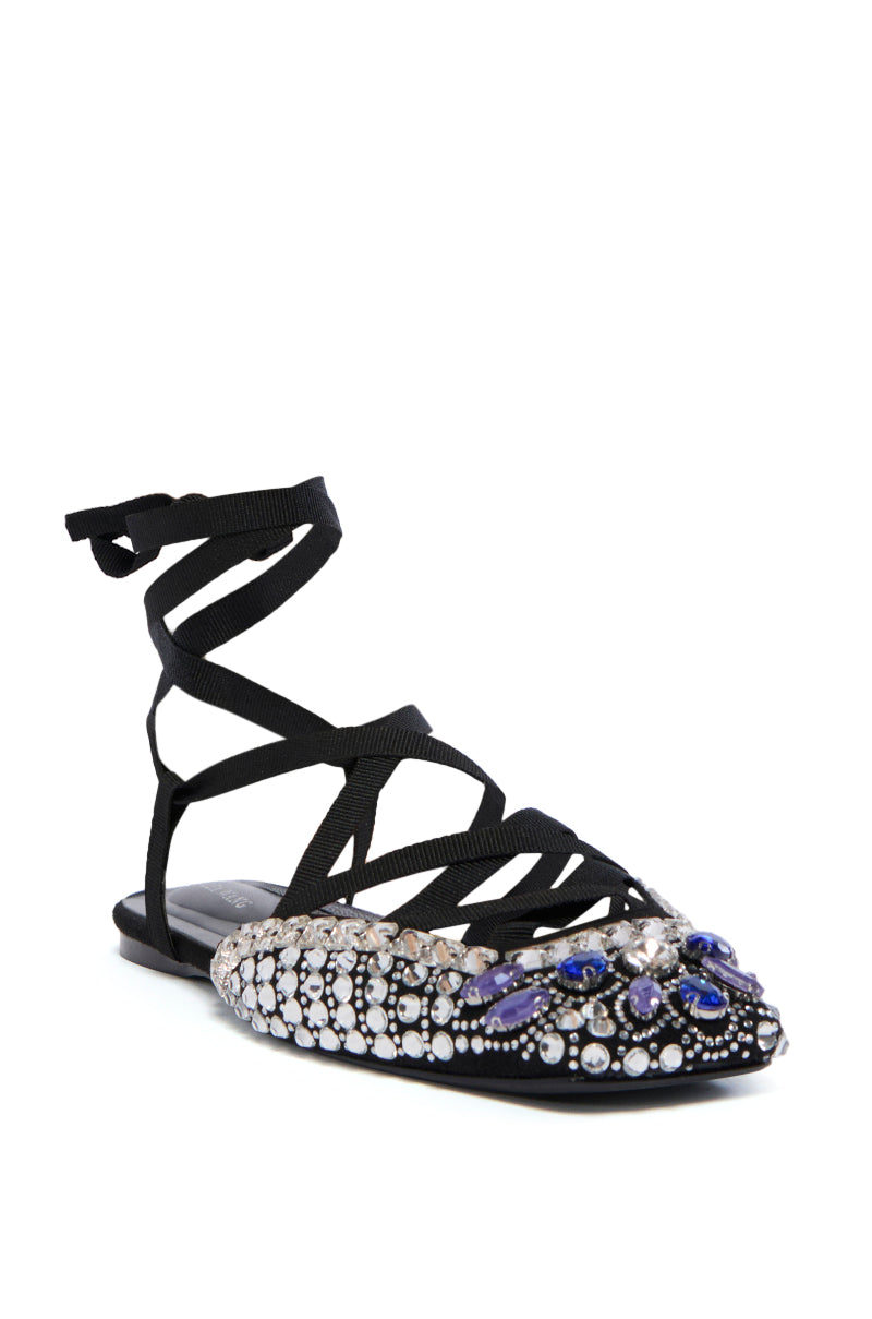 AZALEA WANG NELSIE BLACK EMBELLISHED LACE UP FLAT