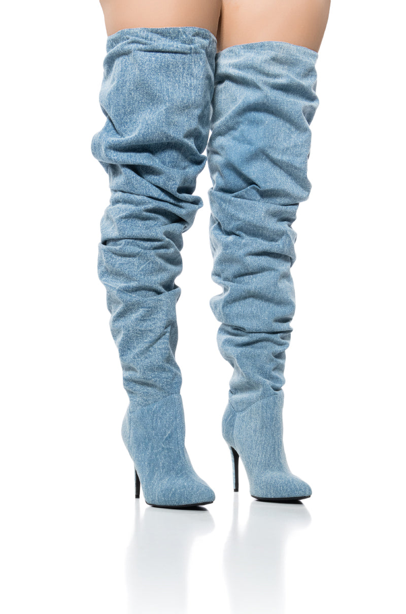AZALEA WANG OCTAGON DENIM OVER THE KNEE SLOUCH BOOT
