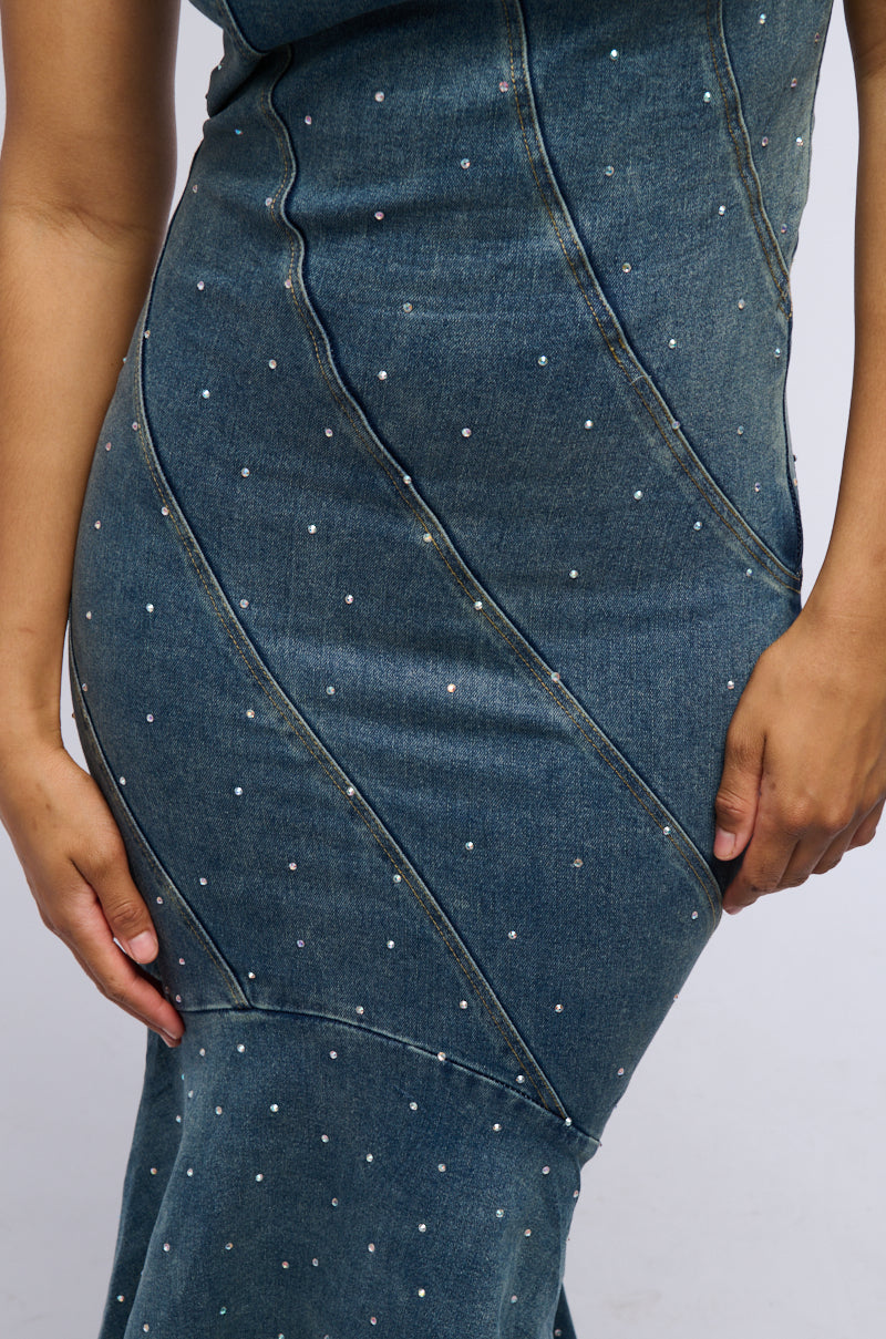MY OWN MUSE HIGH LOW RHINESTONE DENIM MIDI DRESS
